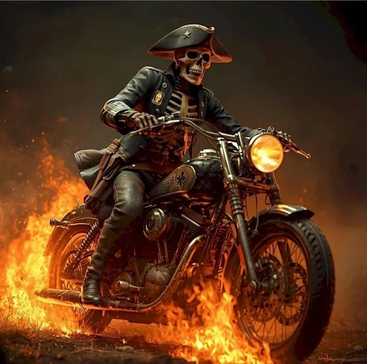 A fiery skeleton pirate riding a motorcycle through flames.